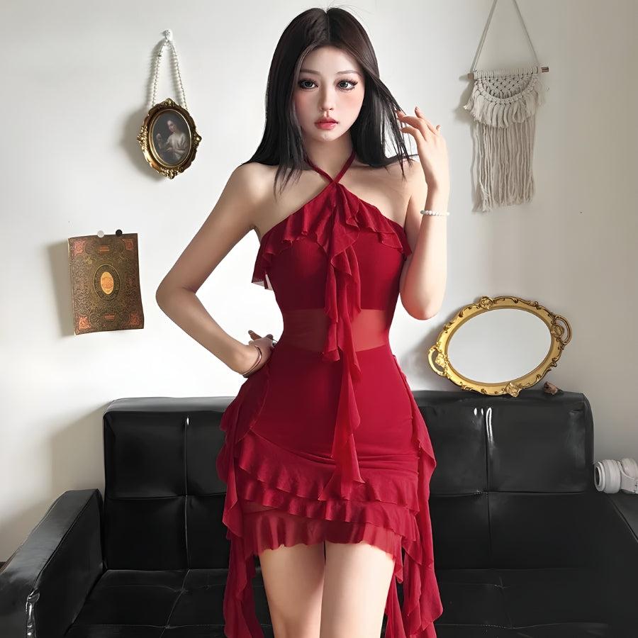 Ruffled Halter Neck Asymmetric Mesh Mini Dress