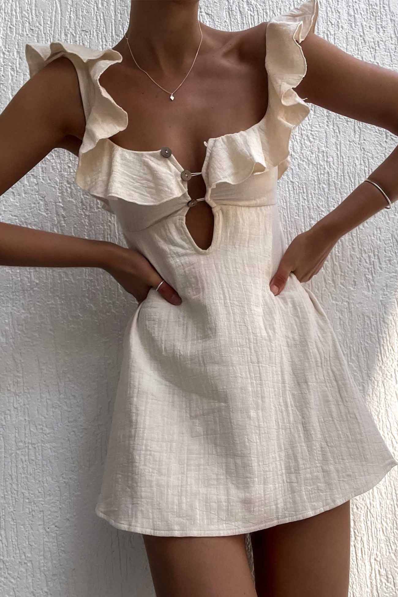 Ruffled Button Down Holllow Mini Dress