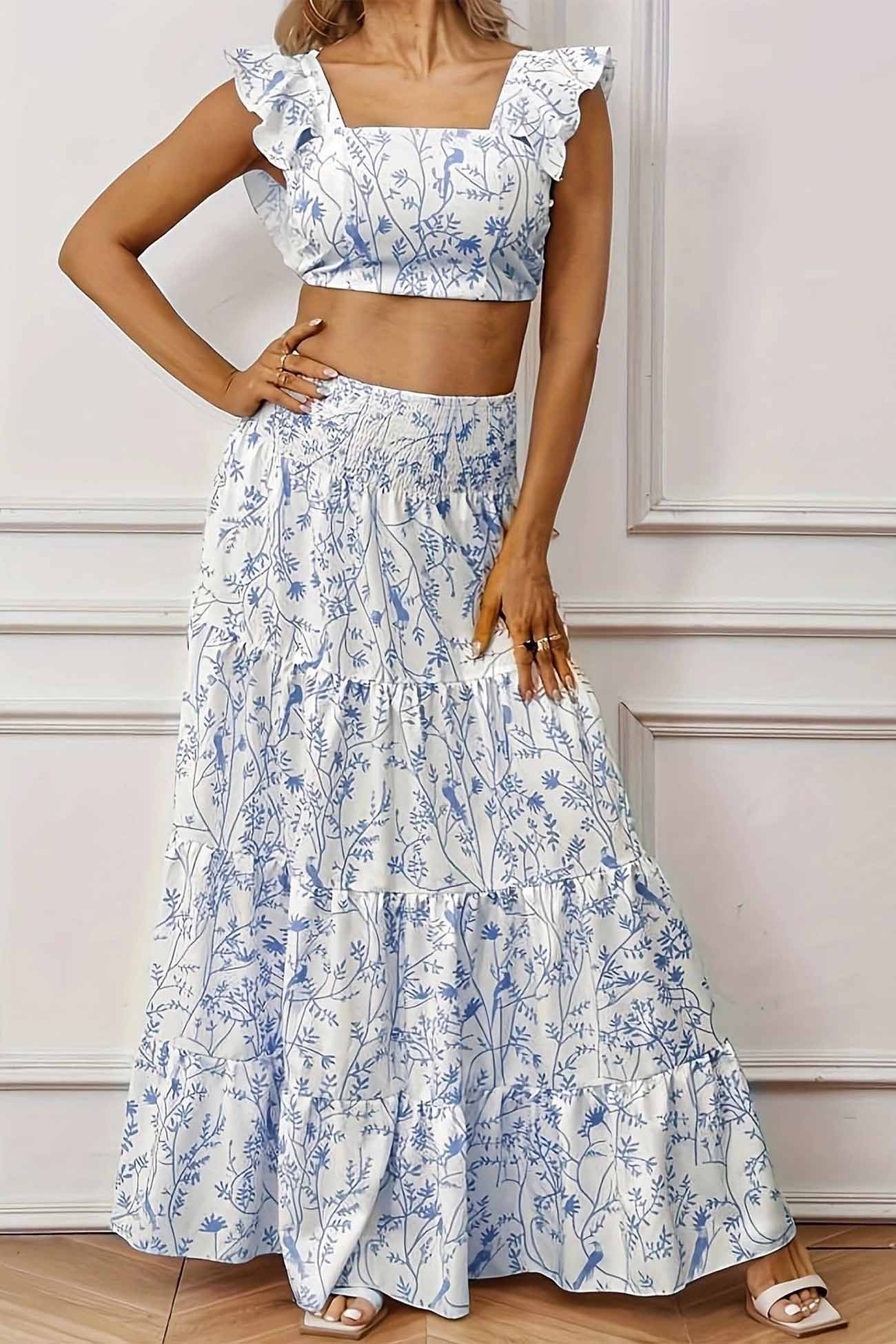 Ruffled Crop Top Floral Printed Tiered Skirt Set