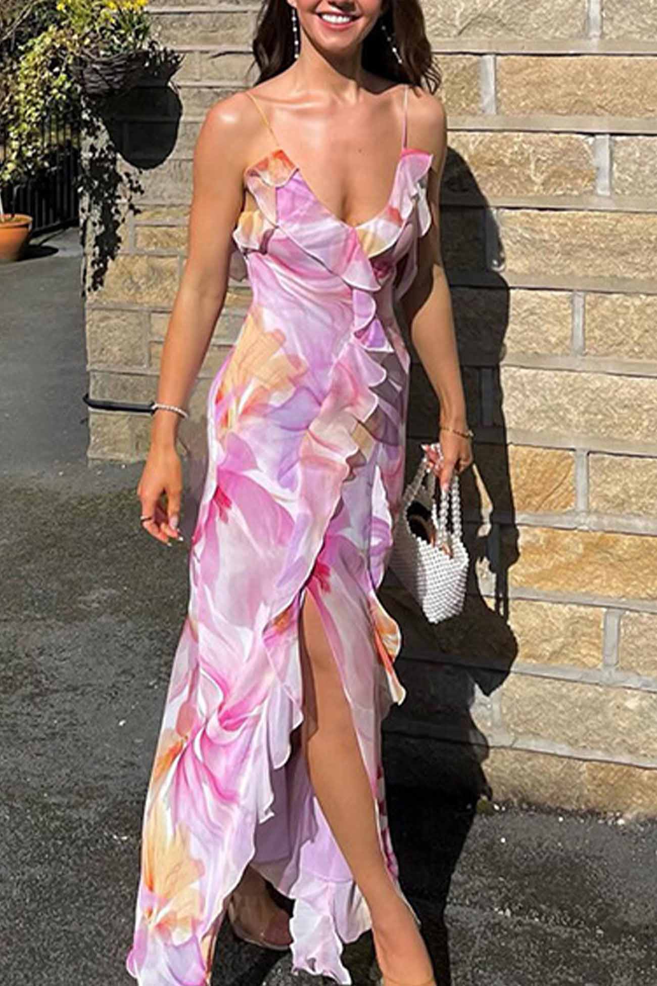 Ruffled Floral Printed Backless Cami Dress