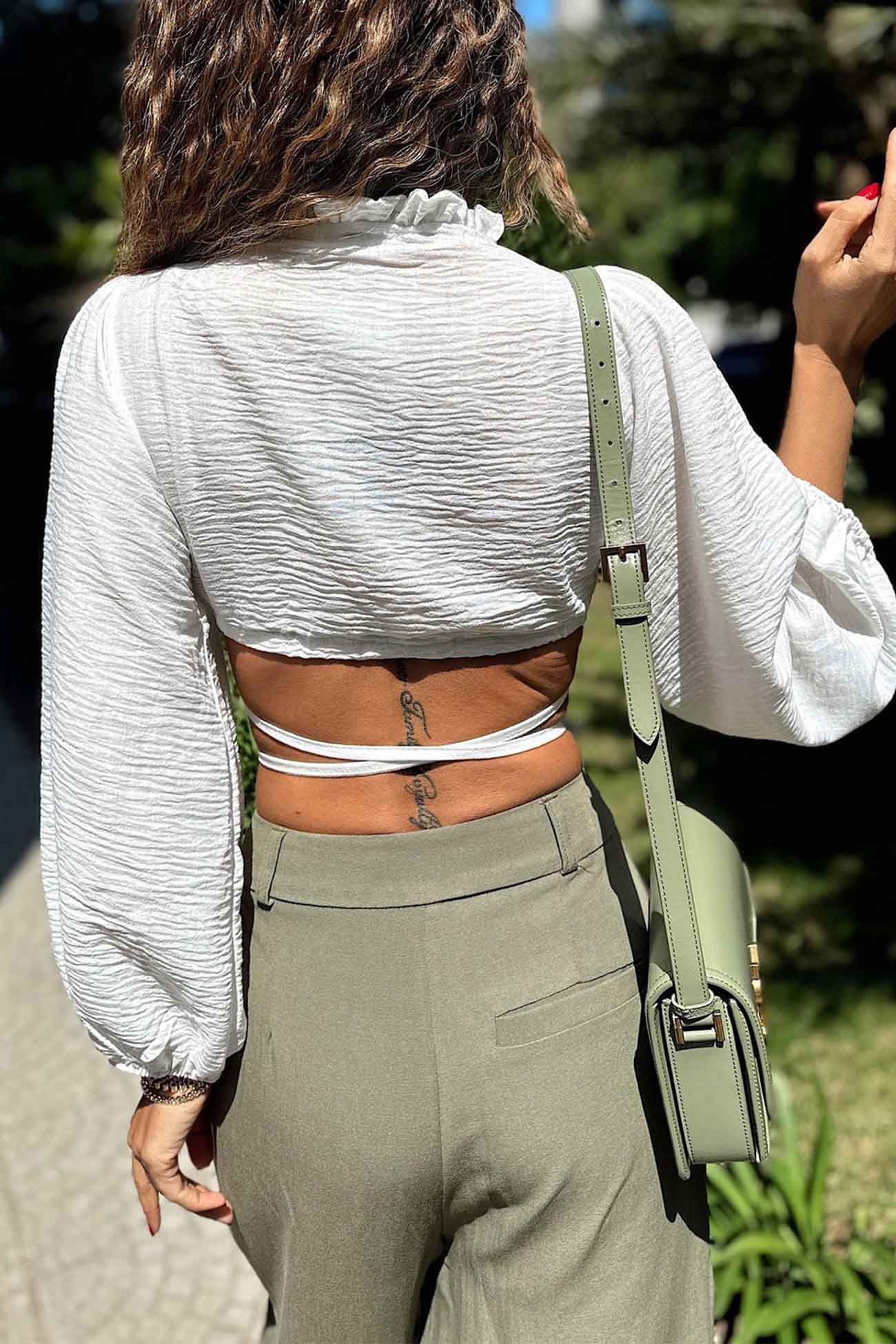 Ruffled Lantern Sleeve V Neck Strappy Crop Top