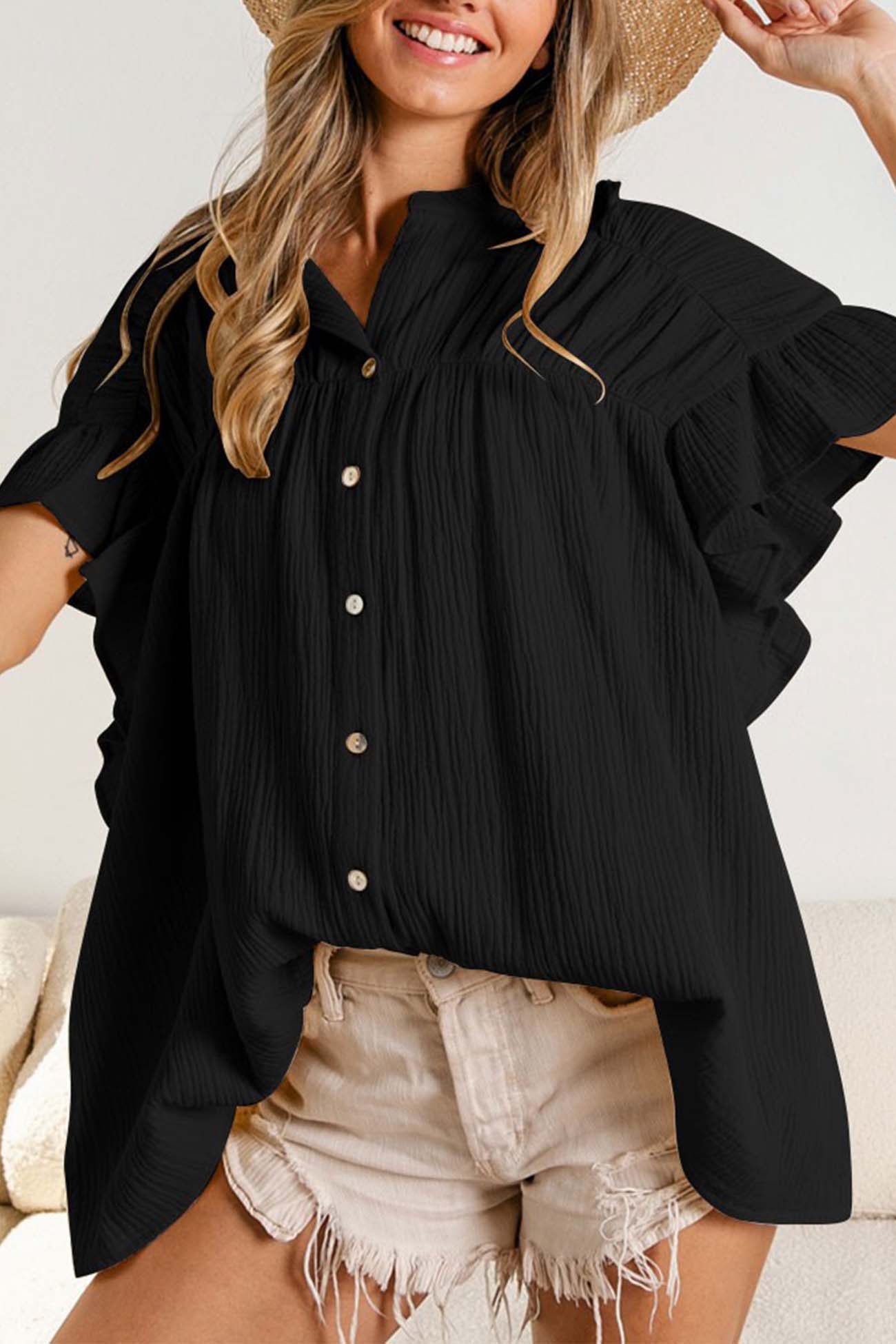 Ruffled Shirring Button Down Blouse