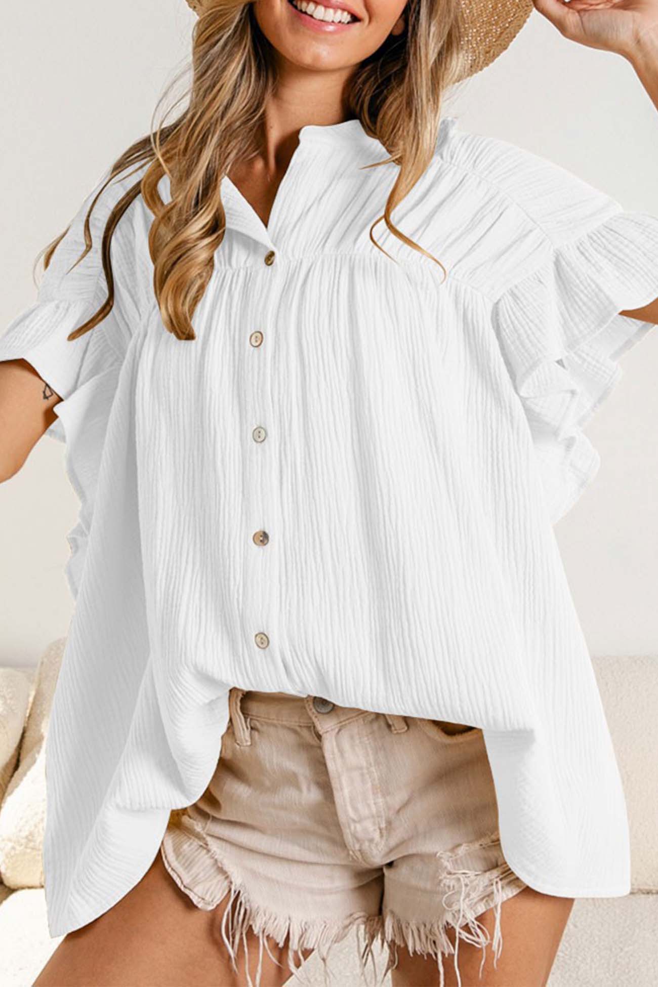 Ruffled Shirring Button Down Blouse