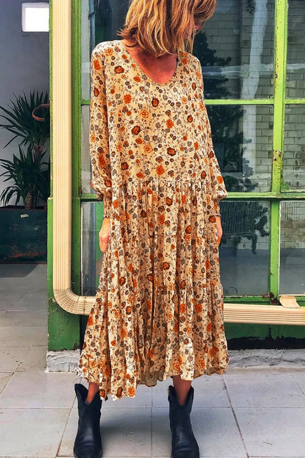 Ruffled Floral Scoop Long Swing Dress - Mislish
