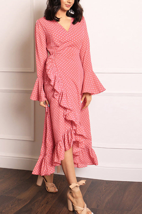 Ruffled Polka Dot V-neck Swing Dress - Mislish