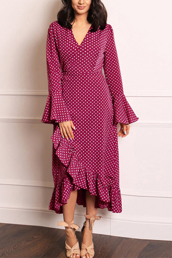 Ruffled Polka Dot V-neck Swing Dress - Mislish