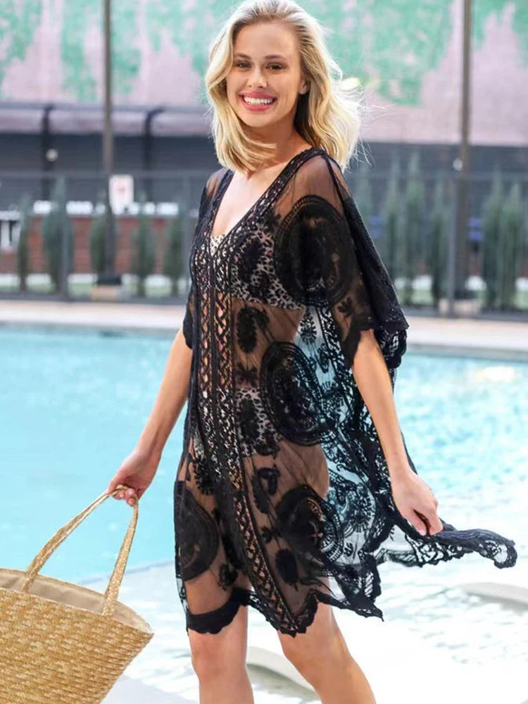 Embroidery Lace V-Neck Bikini Cover Up