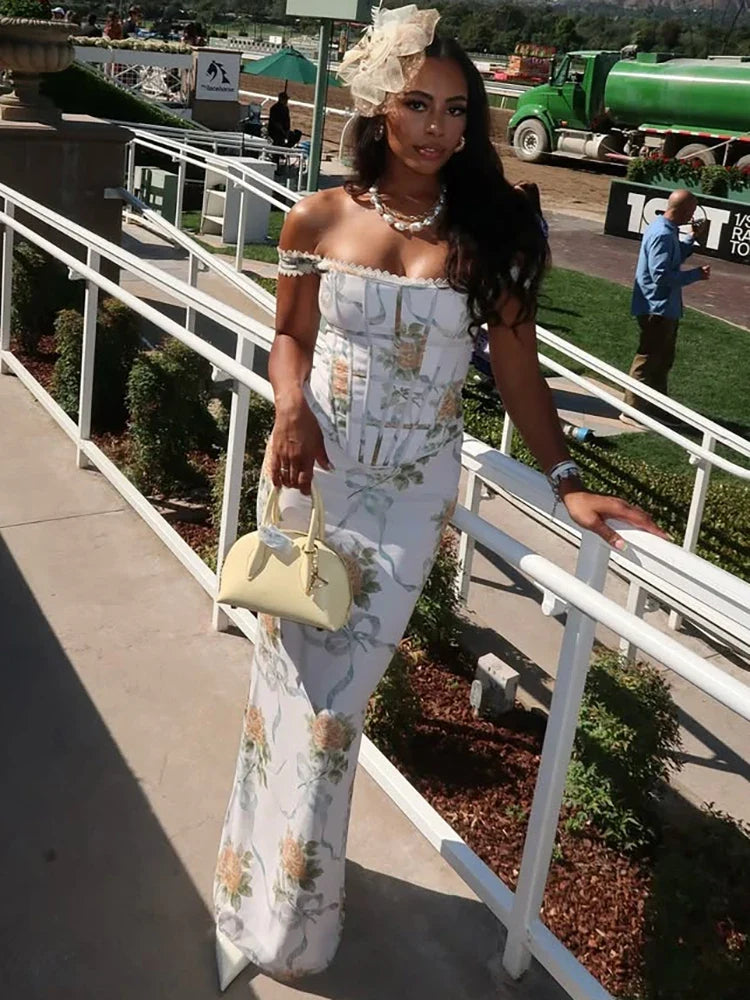 Off Shoulder Backless Maxi Floral Dress