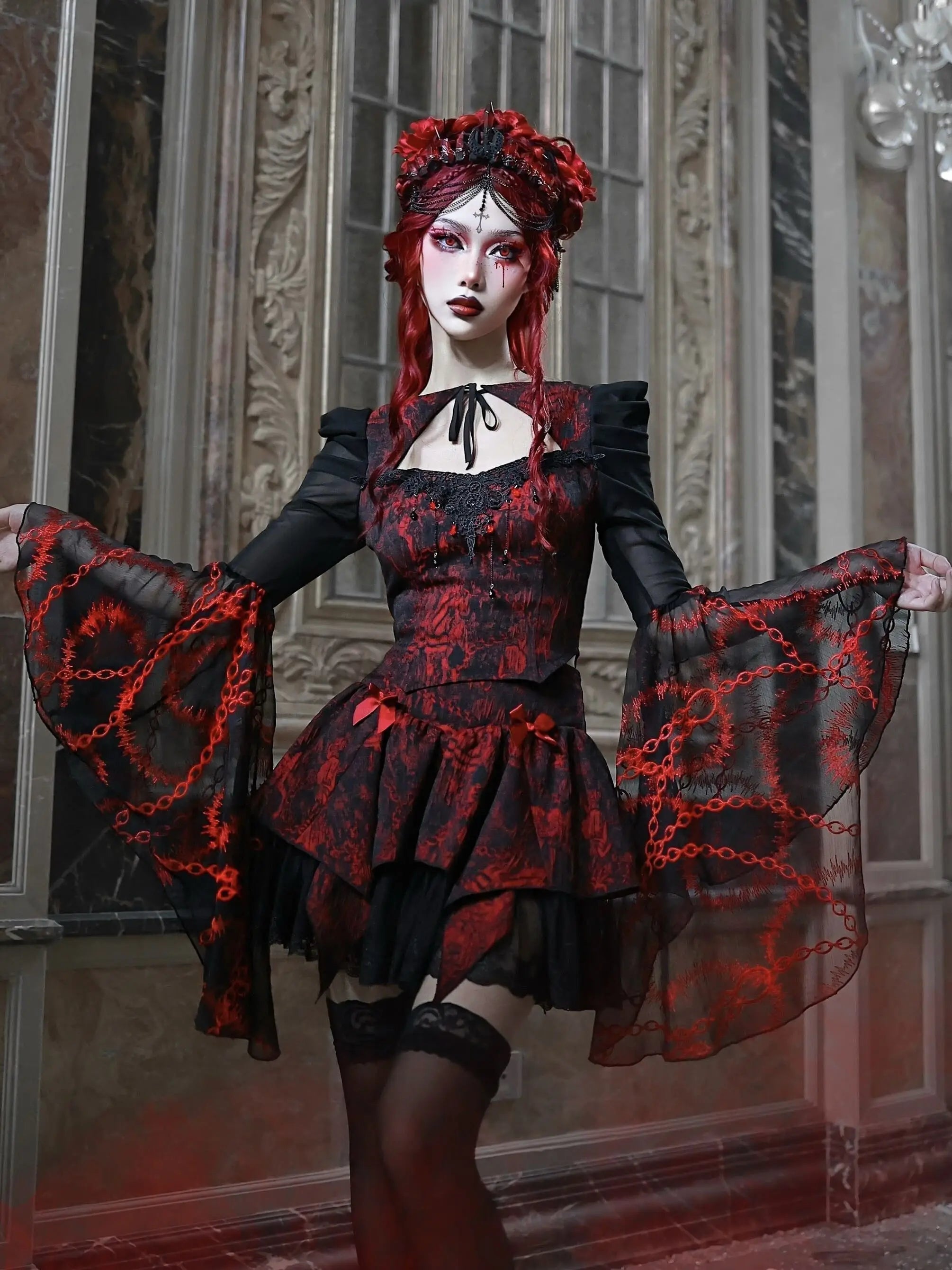 Dark Crimson Ebony Rose Lace Blouse