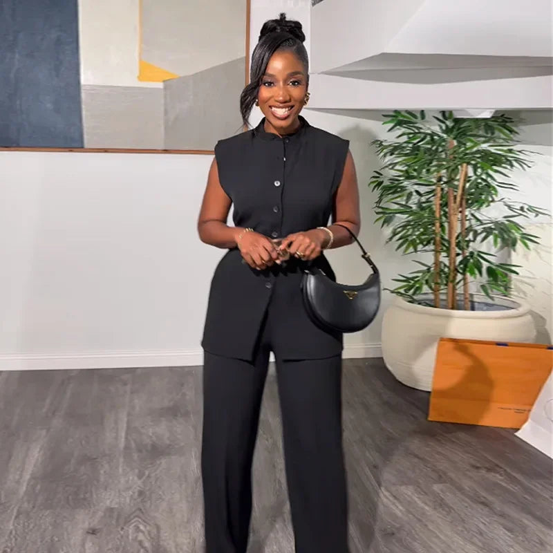 Sleeveless Belt Shirt Pant Suit - Fashionpara