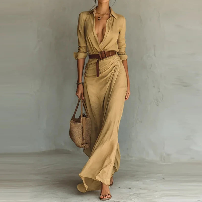 Draped Long Sleeve Belted Casual Dress for Elegant Events