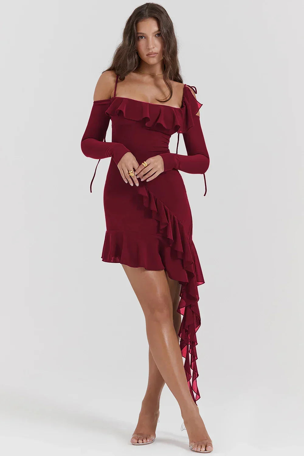 Ruffle Cold-Shoulder Long-Sleeve Asymmetric Mini Dress 23