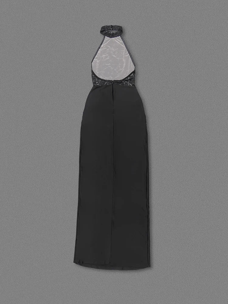 Halter Neck Lace Patchwork Black Maxi Dress - View 9