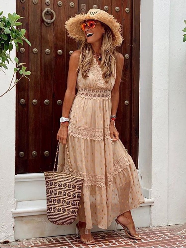 Crochet Lace Trim V-Neck Sleeveless Tiered Maxi Summer Dress