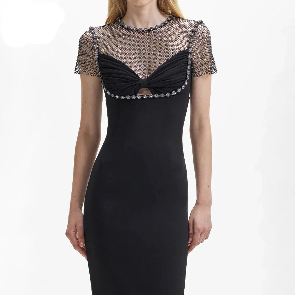Rhinestone Mesh Crew Neck Short Sleeve Cut Out Bodycon Midi Dress - View 7