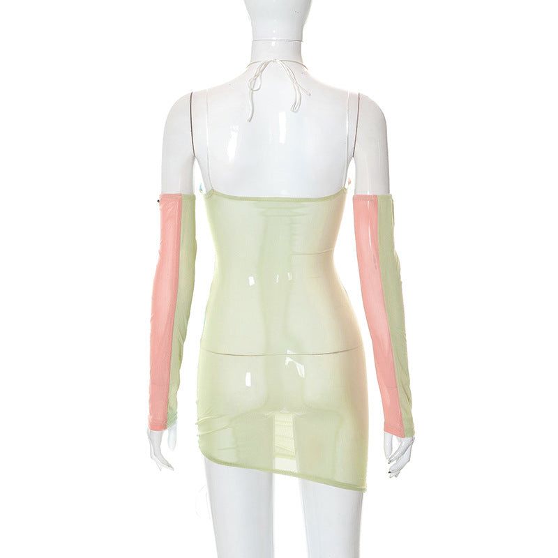 Mesh Halter Cutout Long Sleeve Ruched Bodycon Mini Dress 10