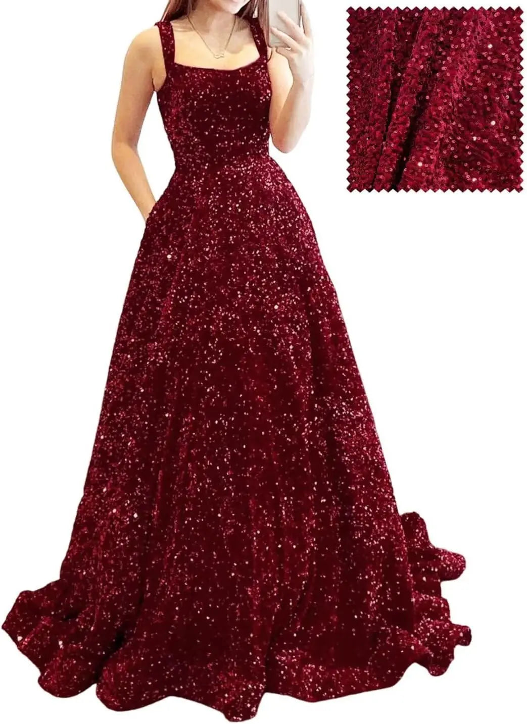 Elegant A-Line Velvet Prom Dress with Pockets and Sequins