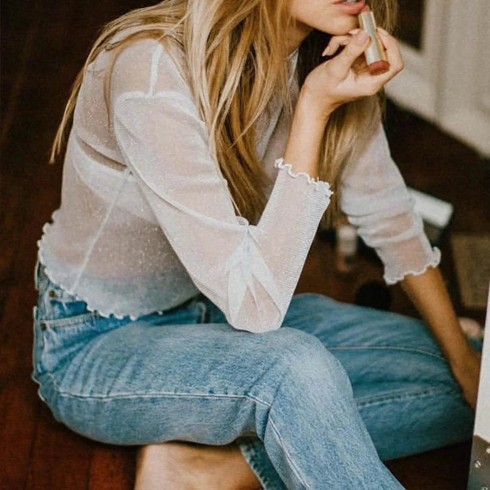 Mesh Long Sleeve Sheer Top