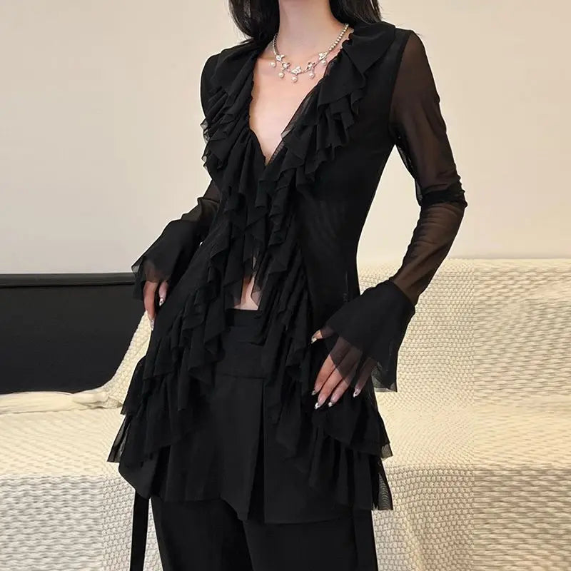 Deep-neck Long Sleeve Frill Blouse