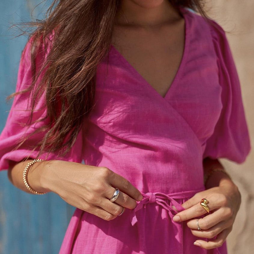 Linen Puff-Sleeve Deep-V Front-Slit Wrap Dress 12