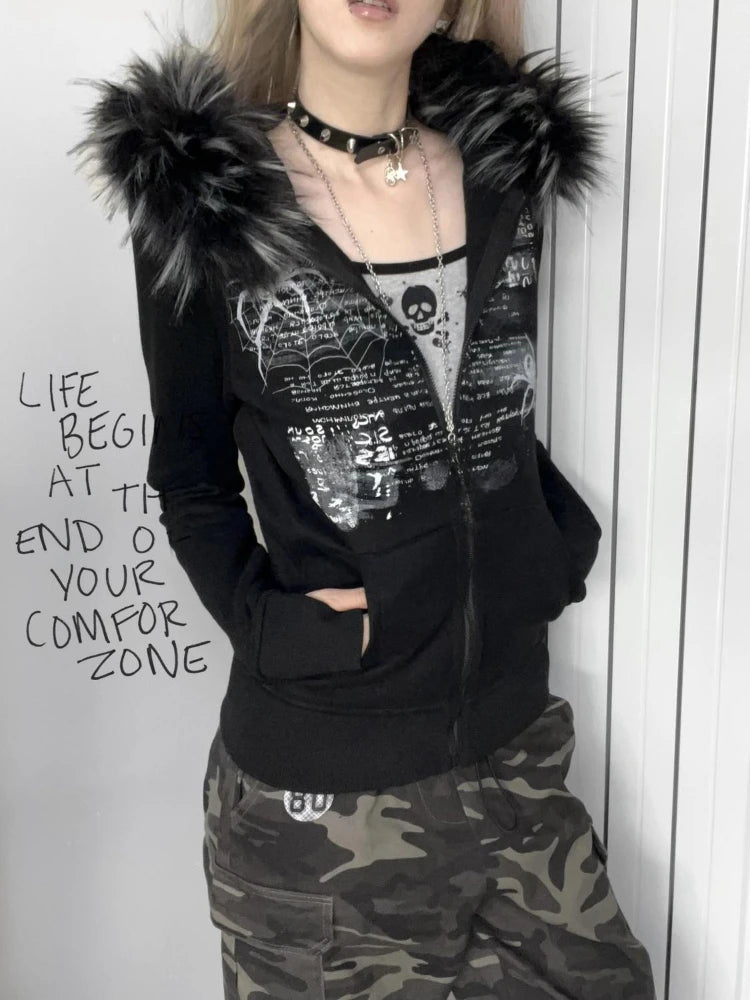 Dark Furry Patchwork Hooded Sweatshirt - Fashionpara