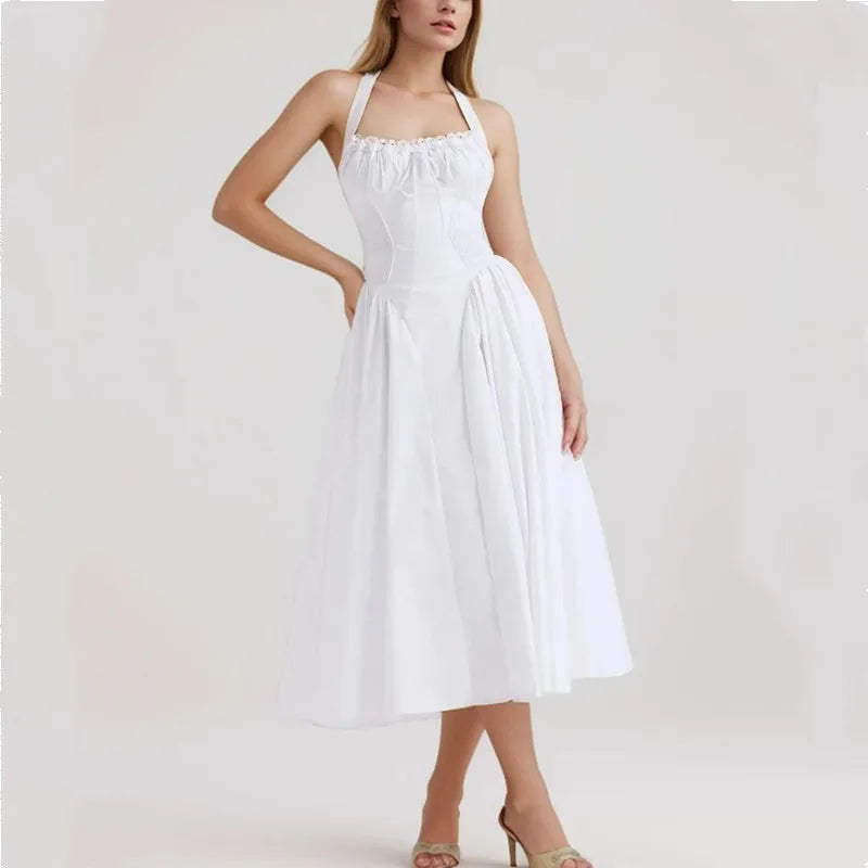 Halter Neck Corset Fit and Flare A-Line Midi Dress