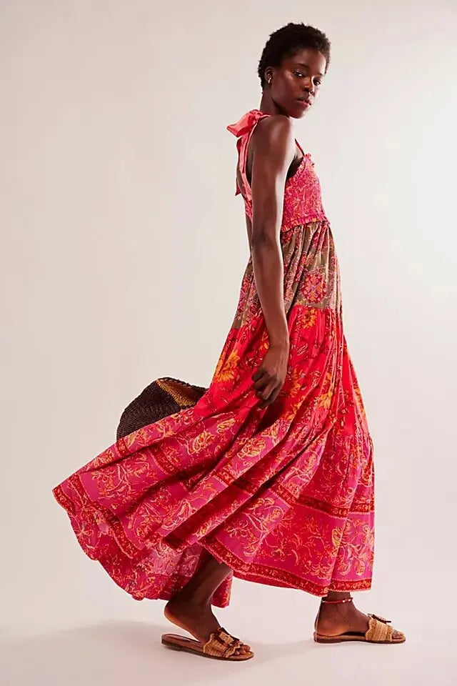 Shirring Chest Strap Floral Sleeveless Boho Dress