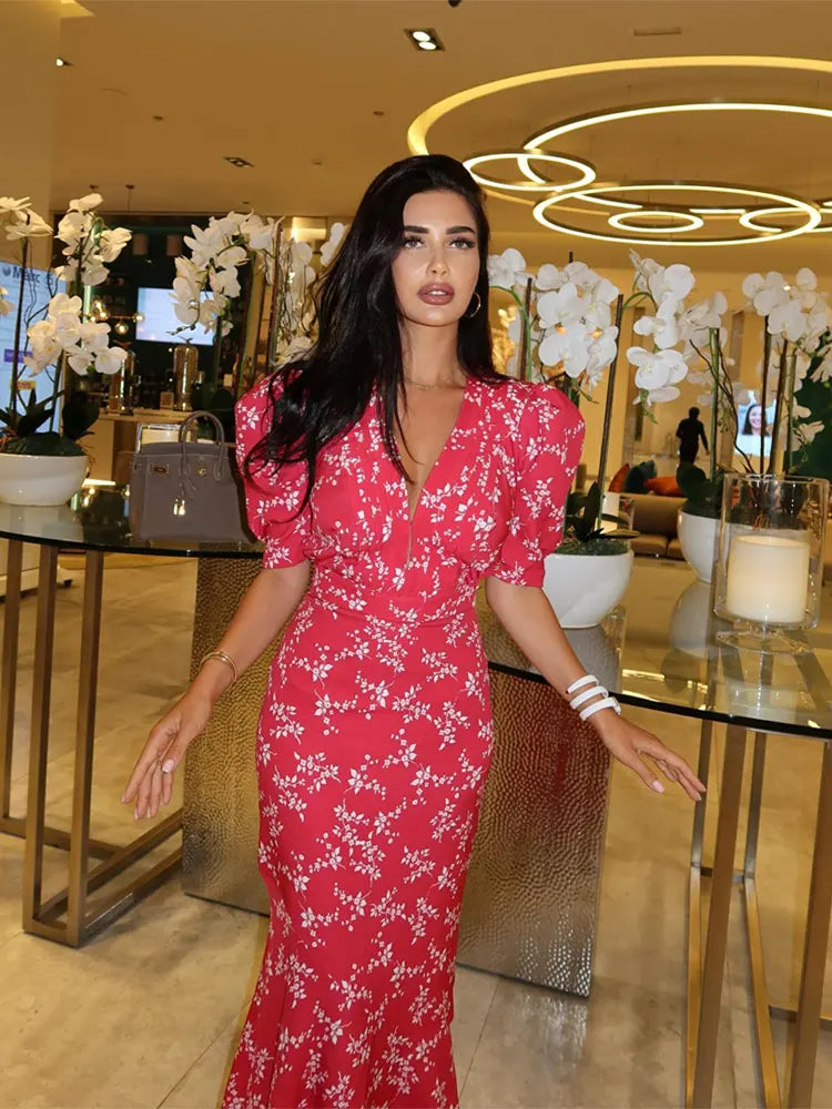 Floral Print Deep V-Neck Puff Sleeve Bodycon Midi Cocktail Dress - View 5