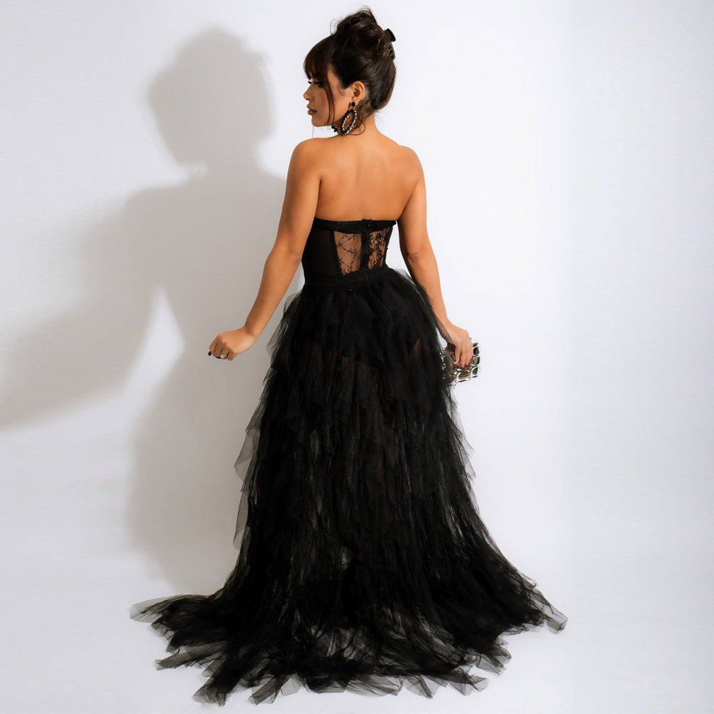 Lace Corset Strapless Tiered Tulle Maxi Gown 10