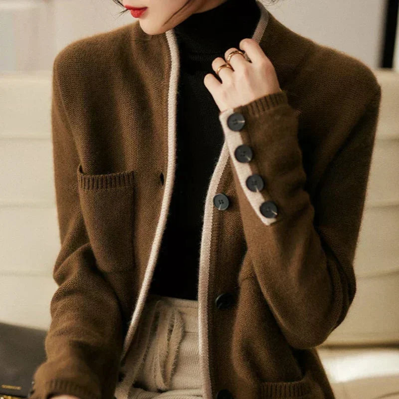 Stand Collar Contrast Trim Button Front Knit Cardigan