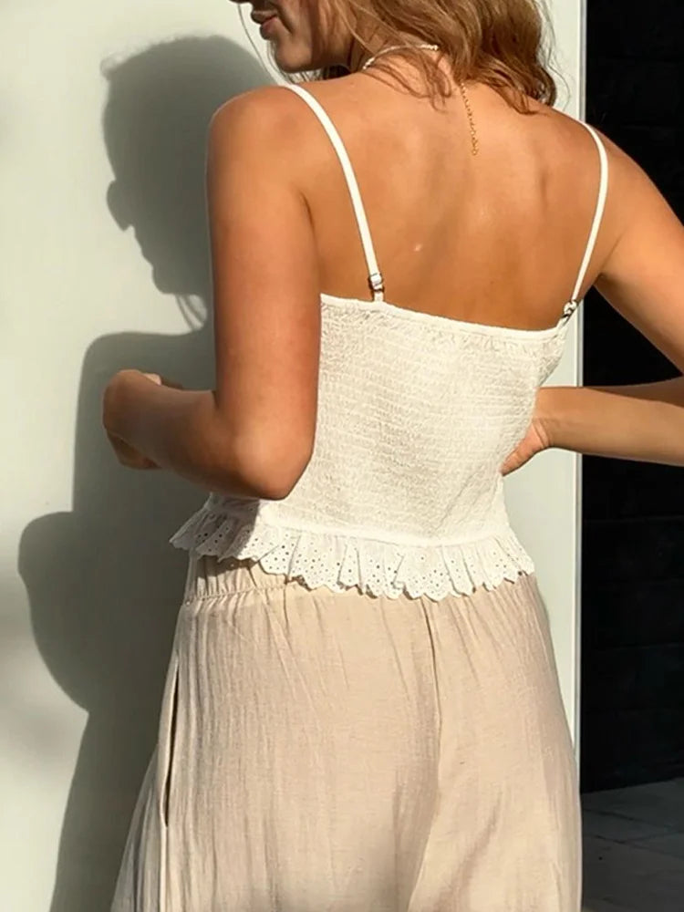 Lace Sleeveless V-neck Criss-cross Tie-up Crop Top