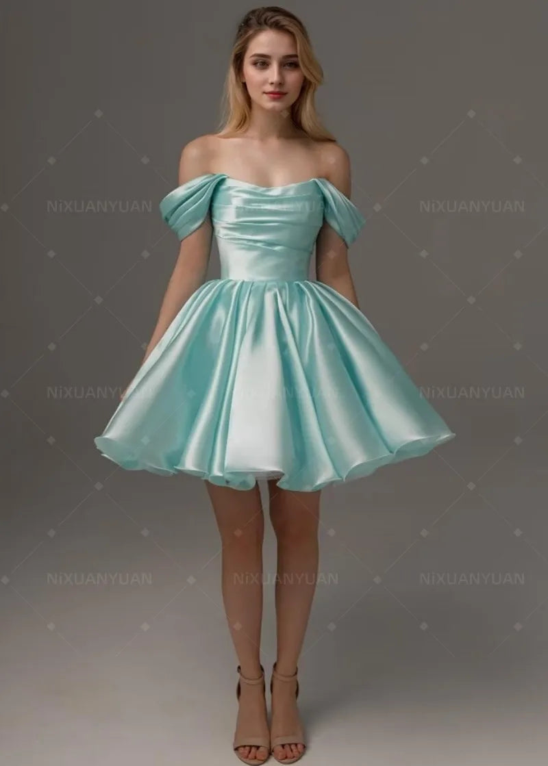 Satin Off Shoulder Ruched Bubble Hem A-Line Mini Dress