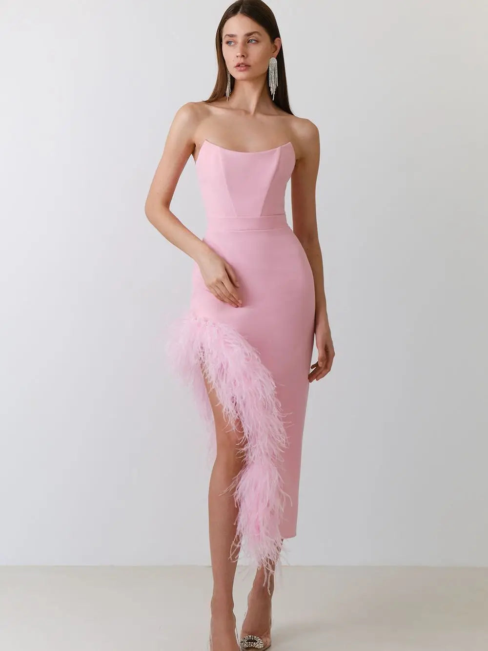 Feather Strapless Midi Dress