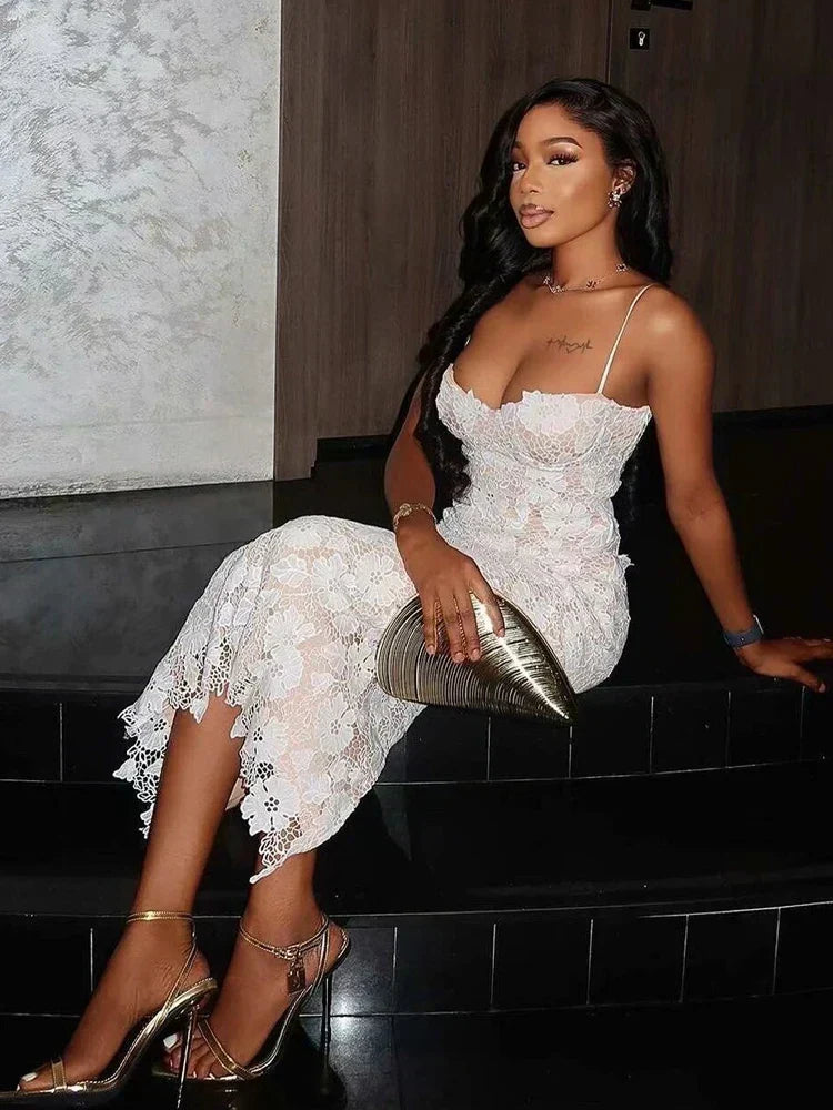 Lace Spaghetti Strap Lace Up Back Bodycon Midi Dress - View 2