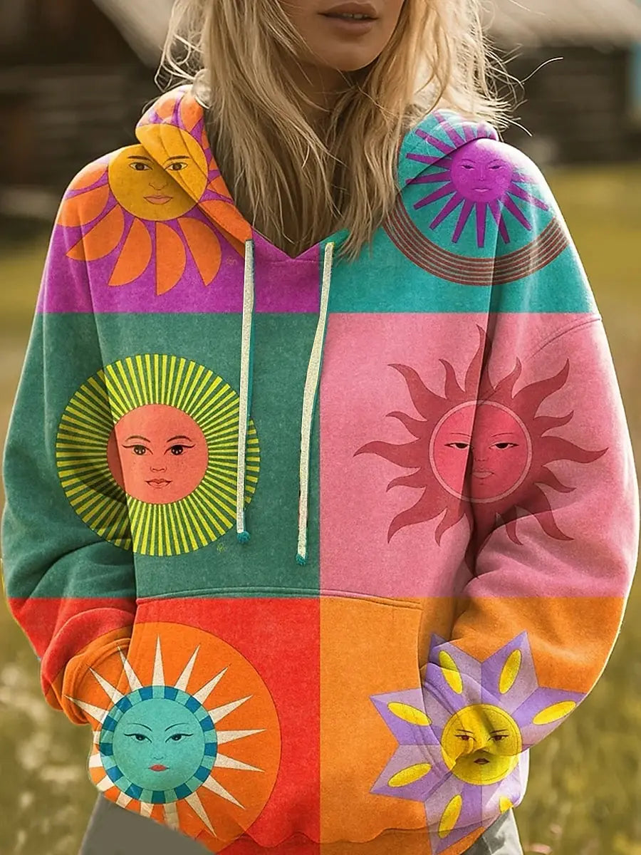 Sun Face Print Drawstring Hooded Sweatshirt