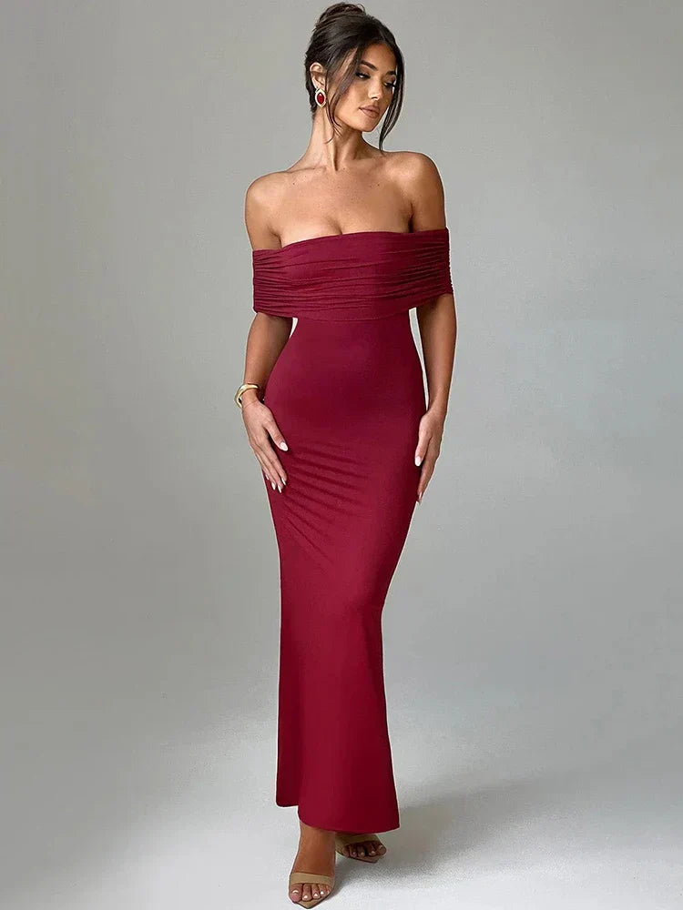 Off Shoulder Pleated Ruched Mermaid Maxi Dress - View 4
