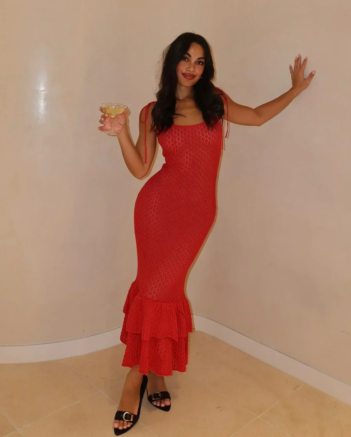 Crochet Maxi Dress with Ruffle Trim - View 6