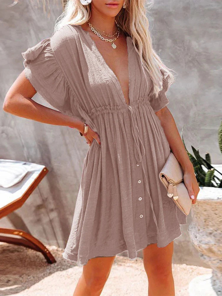 Deep V-Neck Ruffle Lace Up Beach Cover Up
