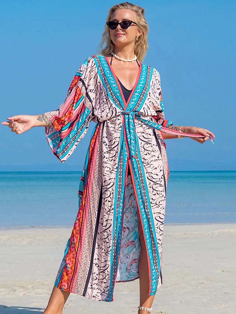 Printed Lace Up Bikini Cover Up