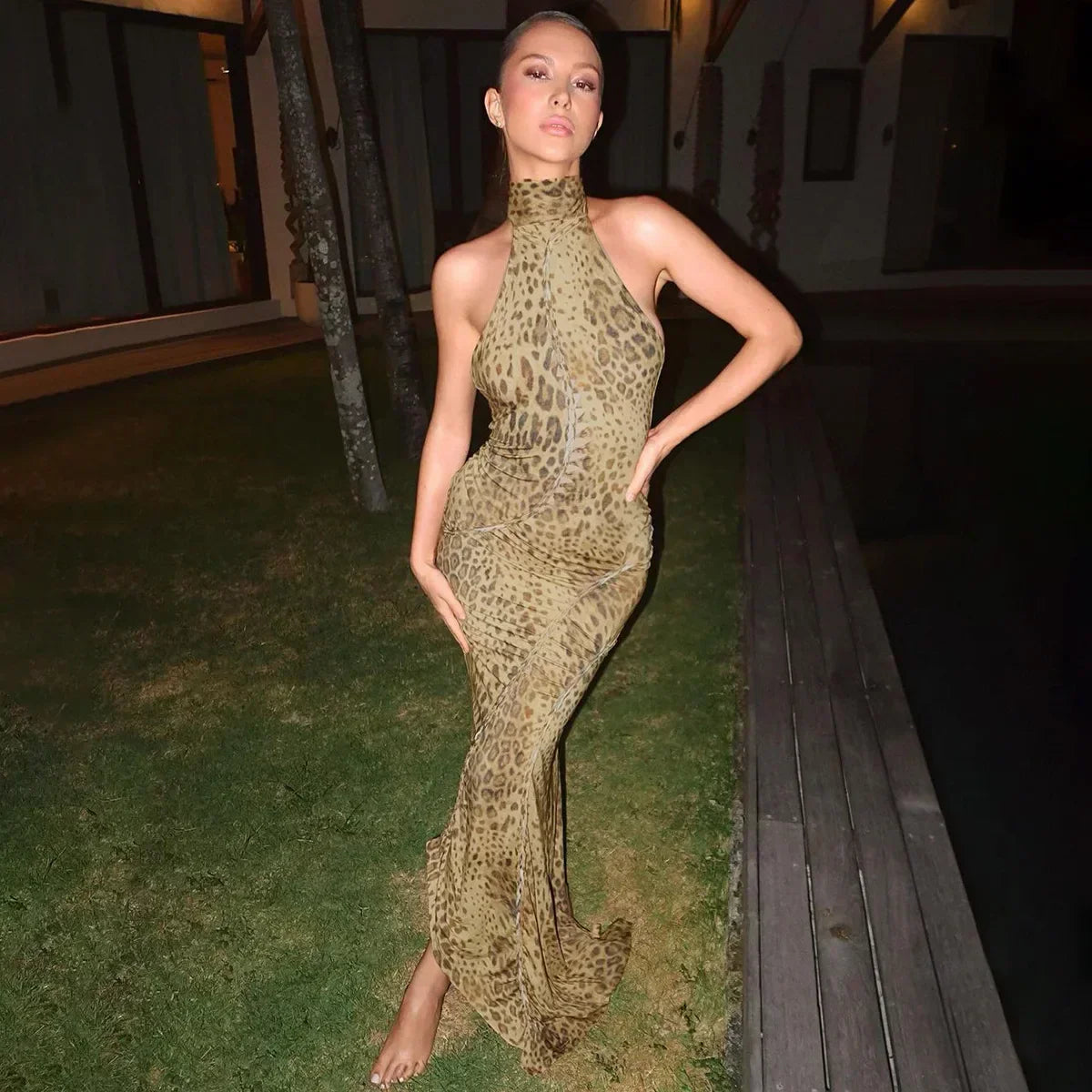 Leopard Print Halter Neck Lace Up Cut Out Ruched Bodycon Midi Dress - View 6