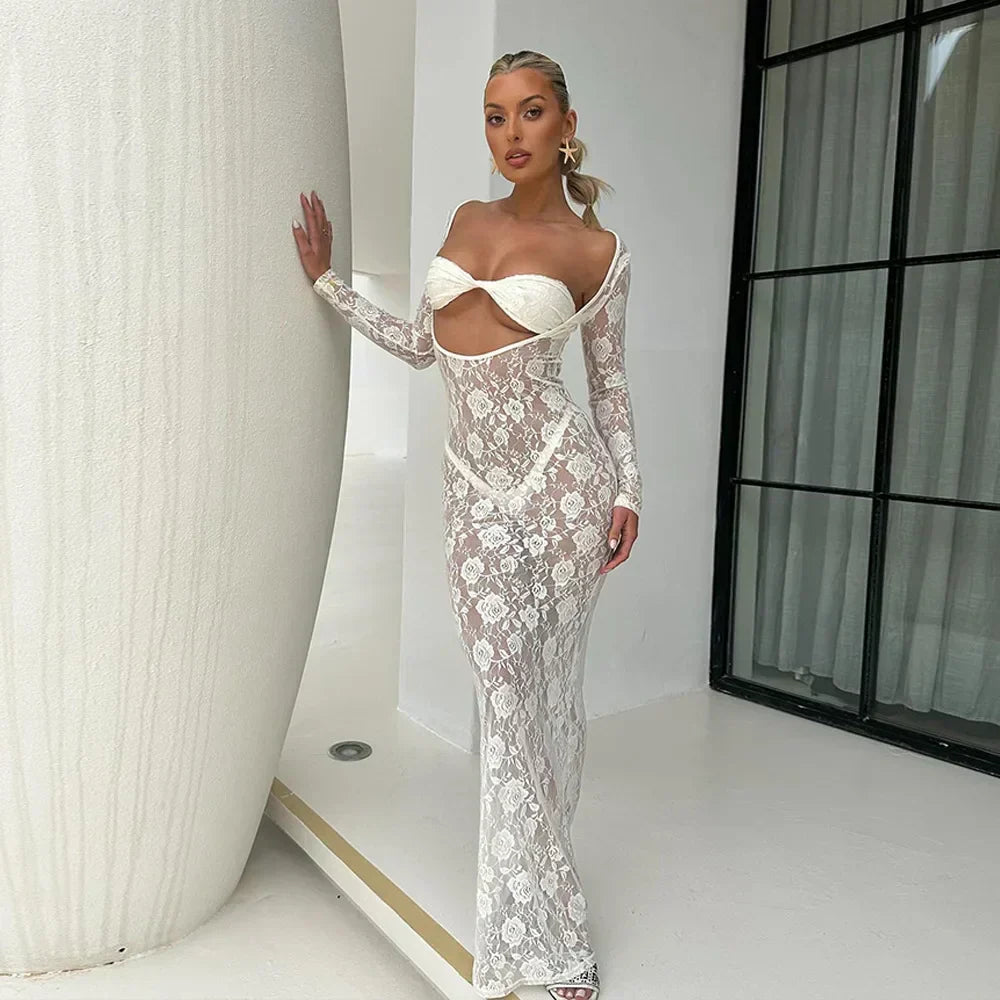 Perspective Lace Hollow Out Bodycon Maxi Dress - View 6