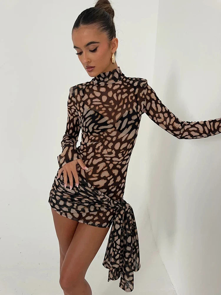 Leopard Print Mesh High-Neck Long Sleeve Mini Dress 2