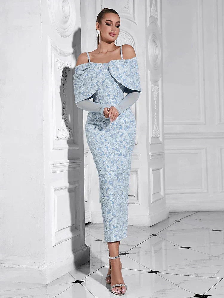 Off Shoulder Long Sleeve Jacquard High Split Midi Dress - View 2