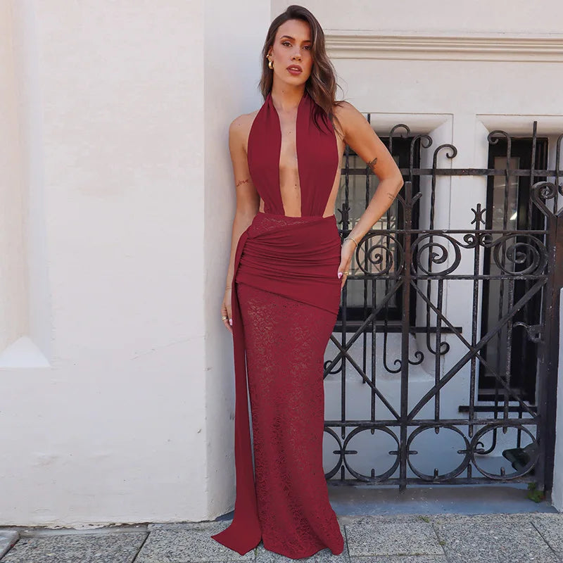 Halter Deep V Neck Lace Sleeveless Long Dress 26