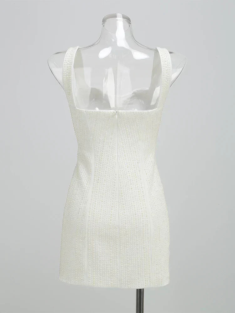 White Spaghetti Strap Diamonds Mini Dress - View 5