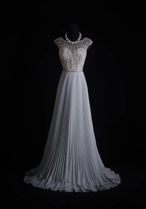 Pretty Gray Satin Pleated Sequin Beaded Long Wedding Guest Dress Party Dress D1685