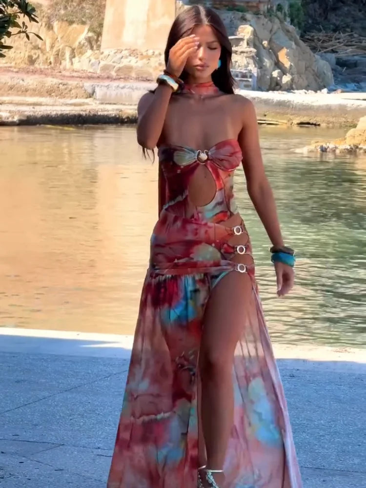 Strapless Cut Out Ring Detail High Split Maxi Dress