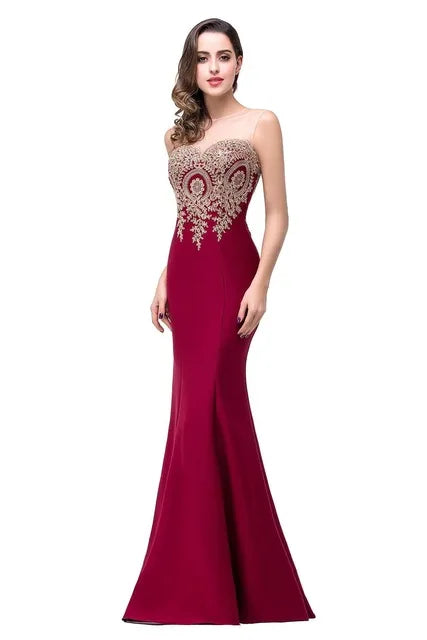 Elegant Red Maxi Dress with Gold Appliques for Formal Events