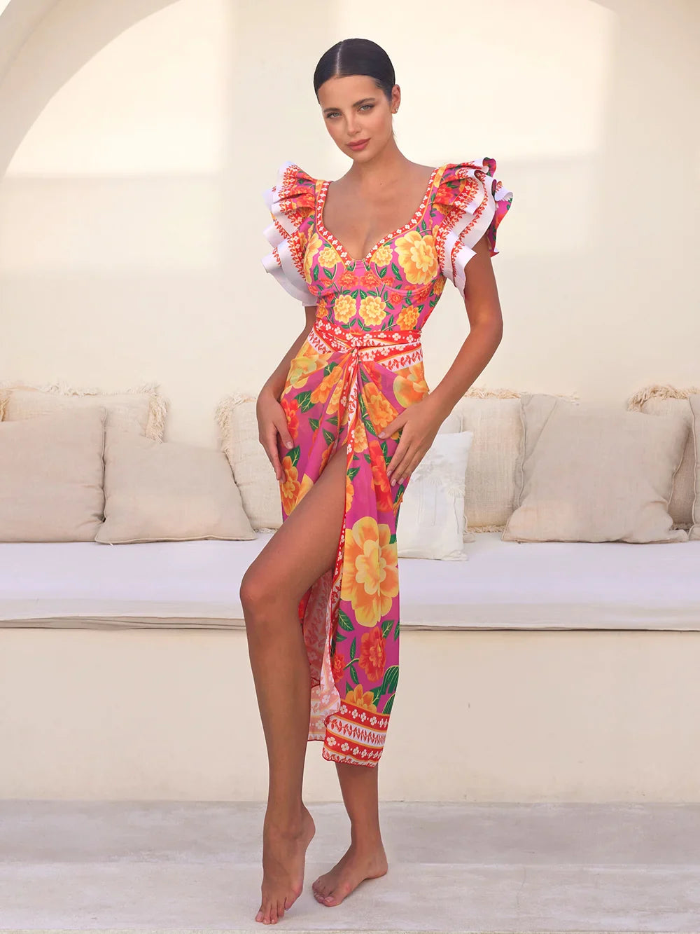 Vintage Bamboo Print Sarong Two Piece Set