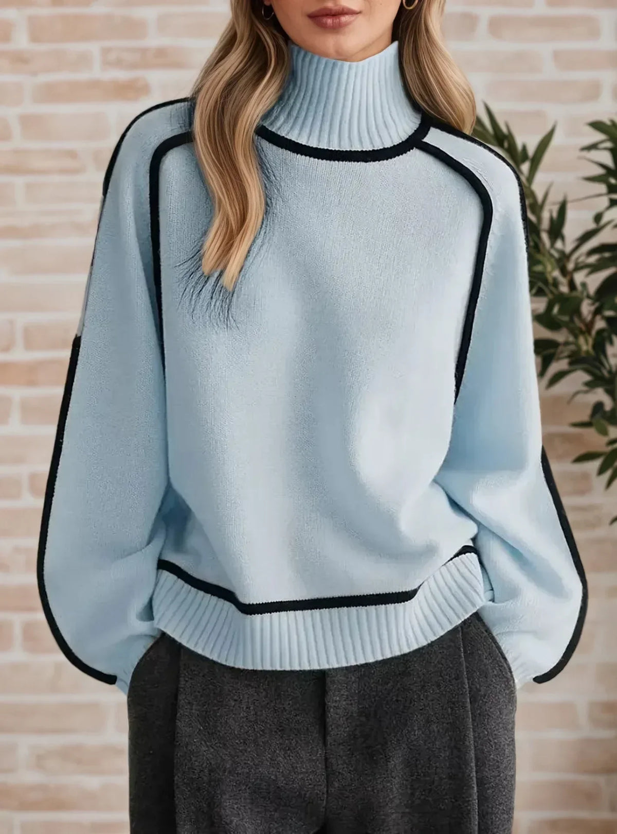 Turtleneck Long Sleeve Contrast Piped Oversized Sweater 4